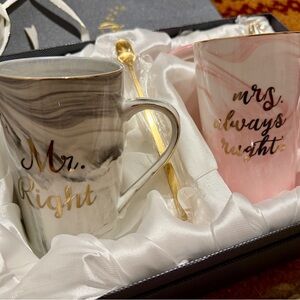 Marble-Style Mr. and Mrs. Ceramic Mug Gift Set — Gray & Pink - New in Box!
